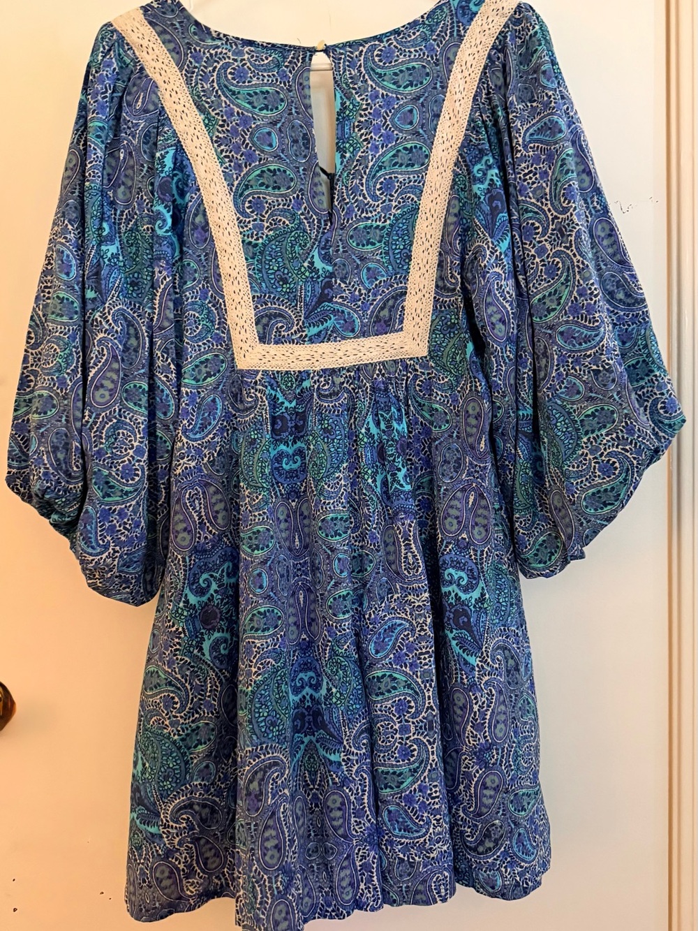 Anthropologie “Lissa Romper” Blue Paisley Crochet-Trim